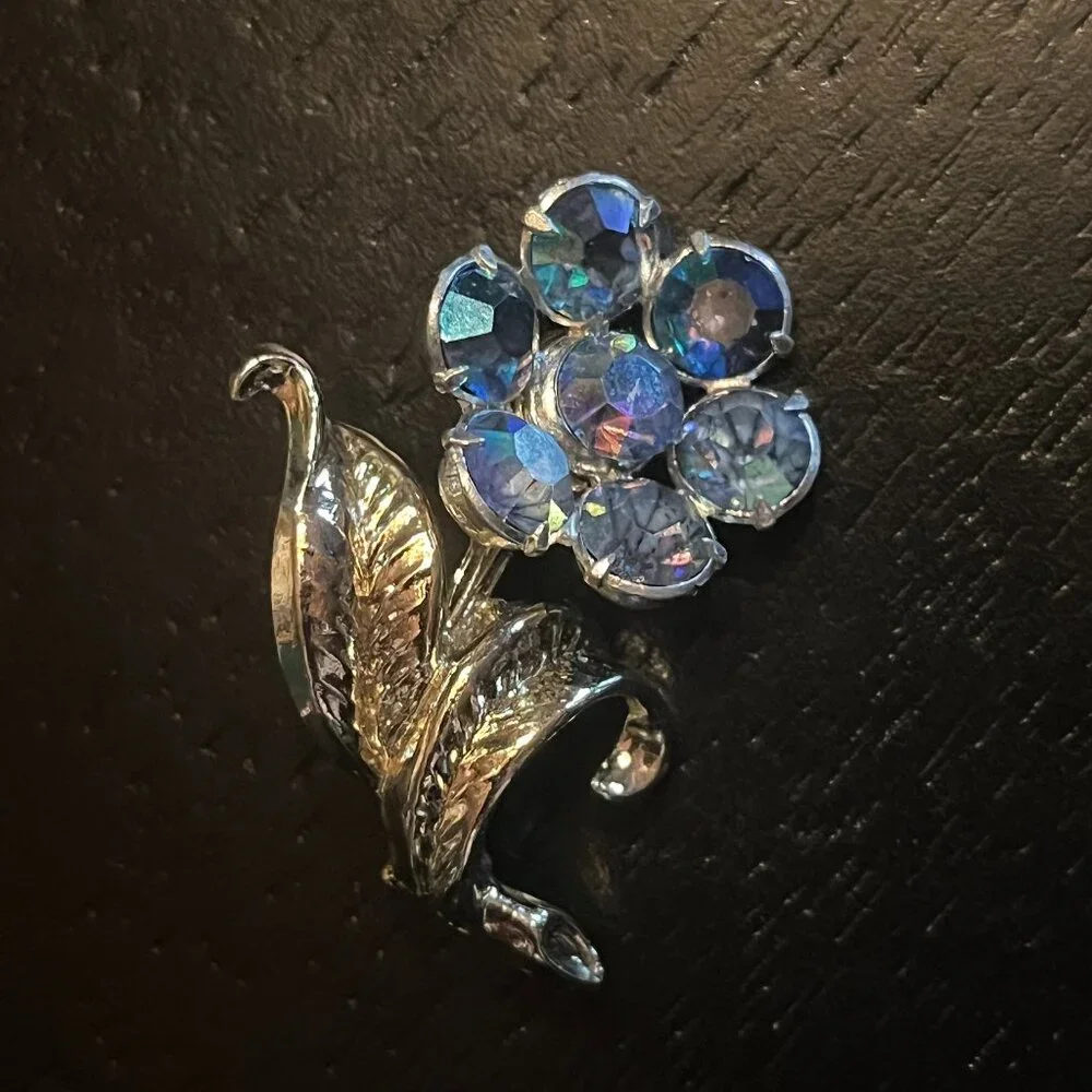 Vintage Flower Brooch with Aurora Borealis AB Blue Stones